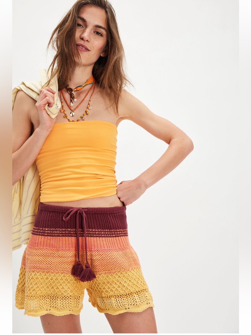 Free People yellow tube top and crochet shorts set